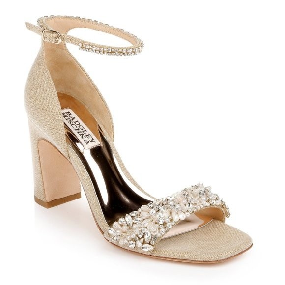 Badgley Mischka Size 5.5 Kendall Platino Gold Jeweled Dress Sandals Heels Shoes